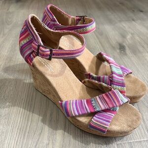 Toms Multi-Colored Woven Stripe Tribal Print Cork Wedges Open Toe Sz 9.5 Boho